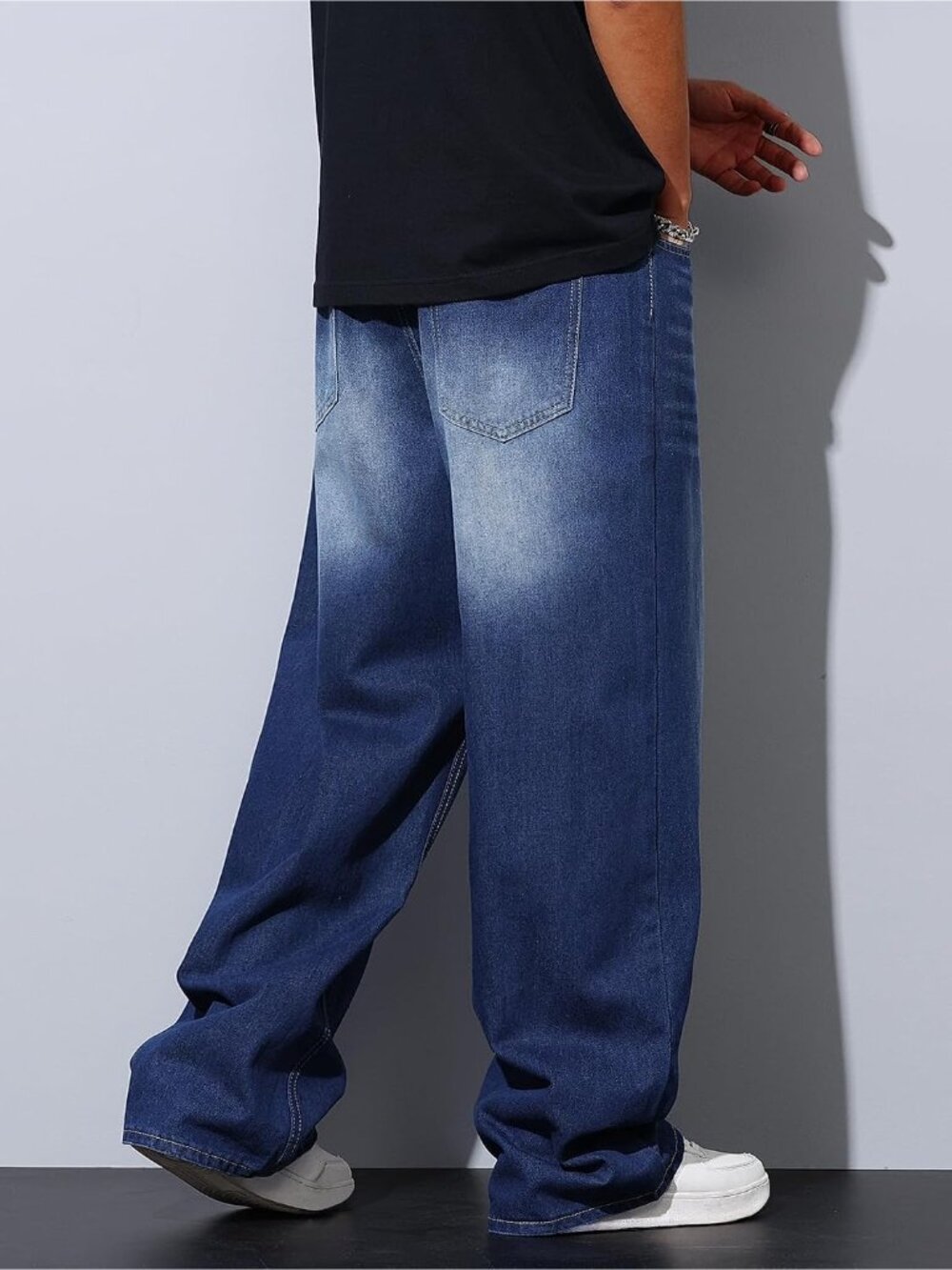 Men's Dark Blue Wide Leg Loose Fit Hip Hop Streetwear Denim Pants Baggy Jeans - Picture 3 of 6
